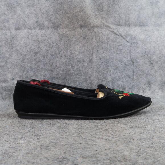 New York Lites Shoes Womens 8 Slippers Velvet Embroidered Horn Holly Black Flats - Picture 2 of 16